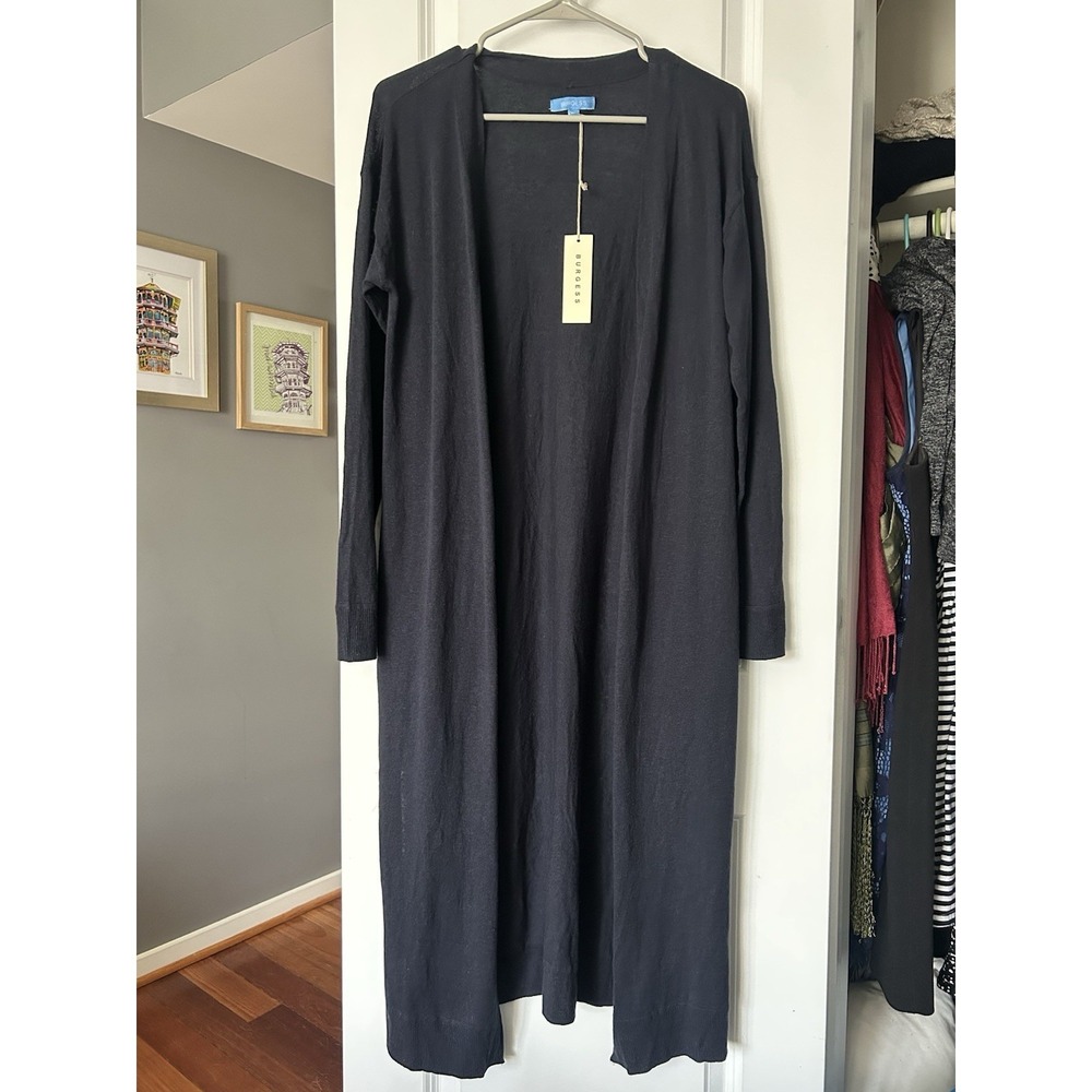 NWT Burgess Cardigan Open Front Duster Blue Linen Cotton Knit Pockets Size M